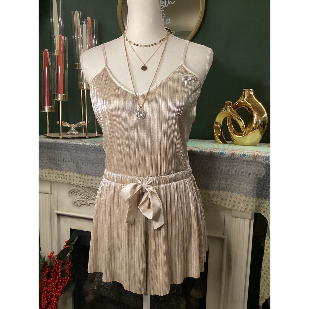 Victoria's Secret Champagne Gold Pleated Romper Metallic Shimmer Sleepwear M